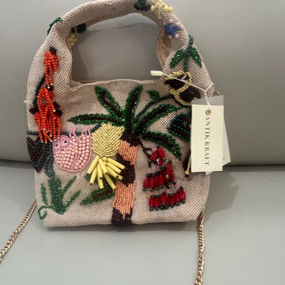 Antik Kraf Jungle Animals Palm Tree Beaded Mini Bucket Bag NW TikTok Viral - Picture 3 of 5